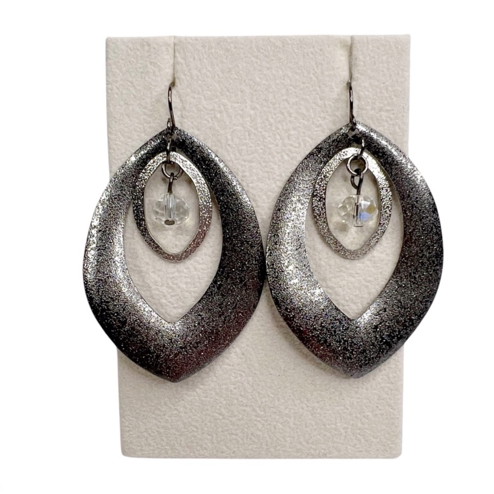 Shimmery Gunmetal Gray Oval AB Faceted Bead Dangle Pierced Earrings